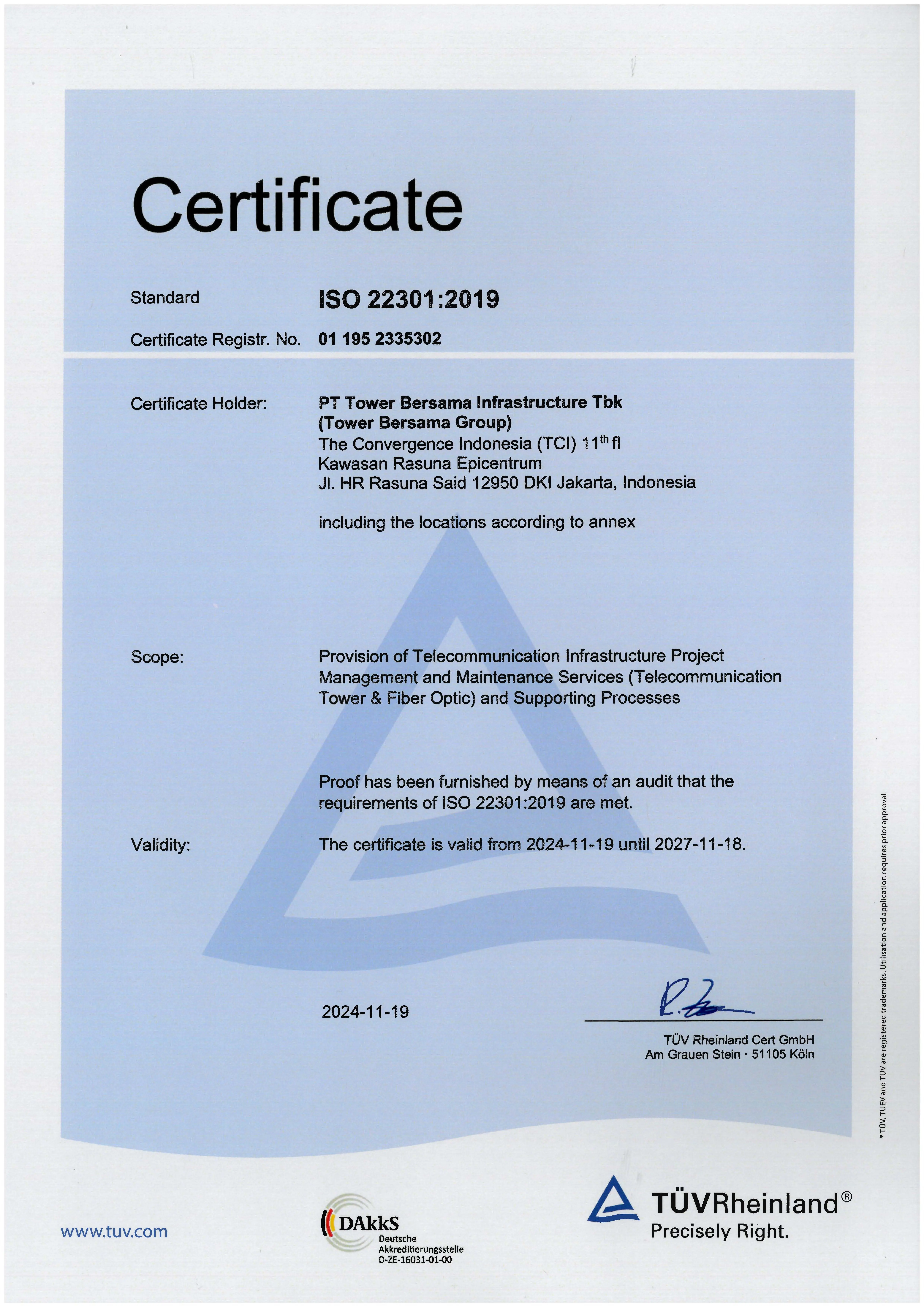 Certificate ISO 22301:2019 Business Continuity Management System (BCMS) 