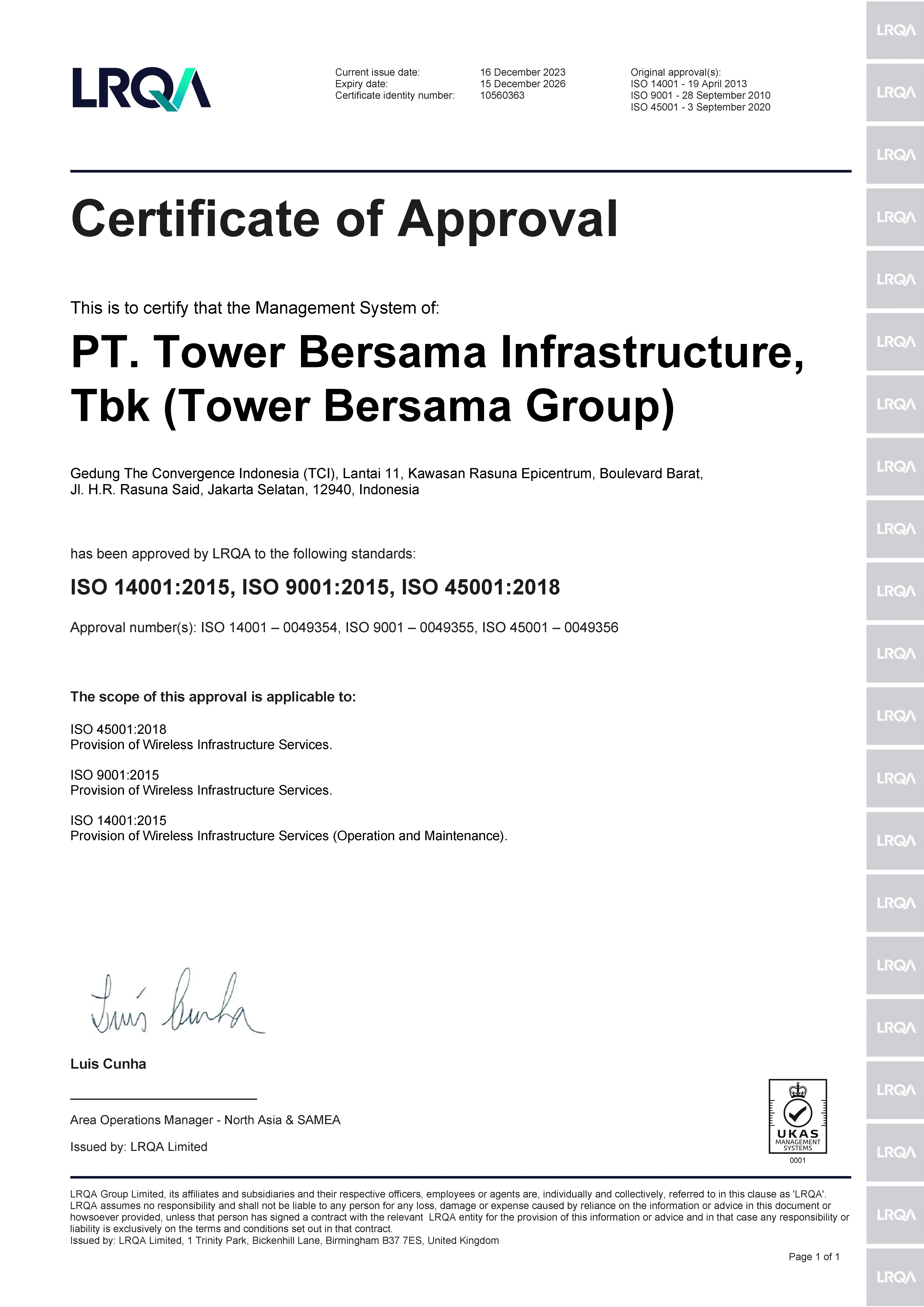 Certificate ISO 45001:2018 Occupational Health & Safety Management System